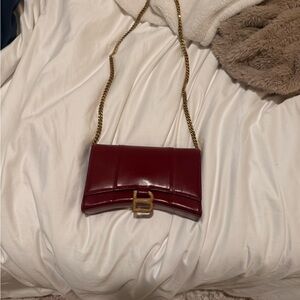 Balenciaga Burgundy Clutch with Gold Chain
